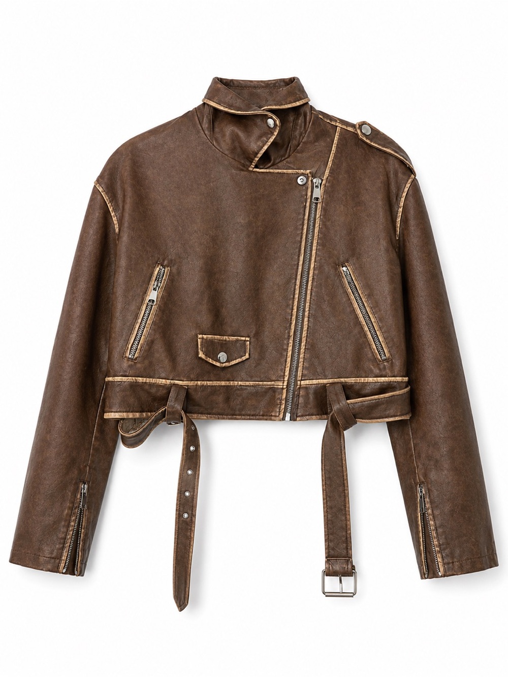 Classic Brown Cropped Moto Jacket - Women